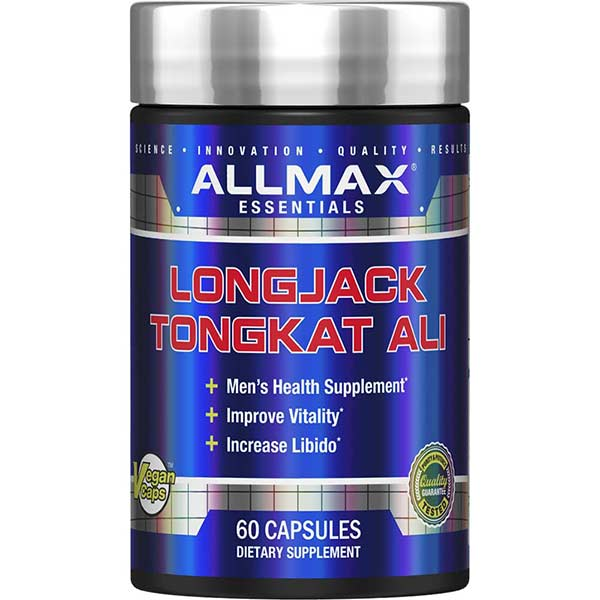 Allmax Longjack Tongkat Ali 60 Caps in a blue and silver container with a silver lid, a men's health supplement for vitality and libido enhancement.