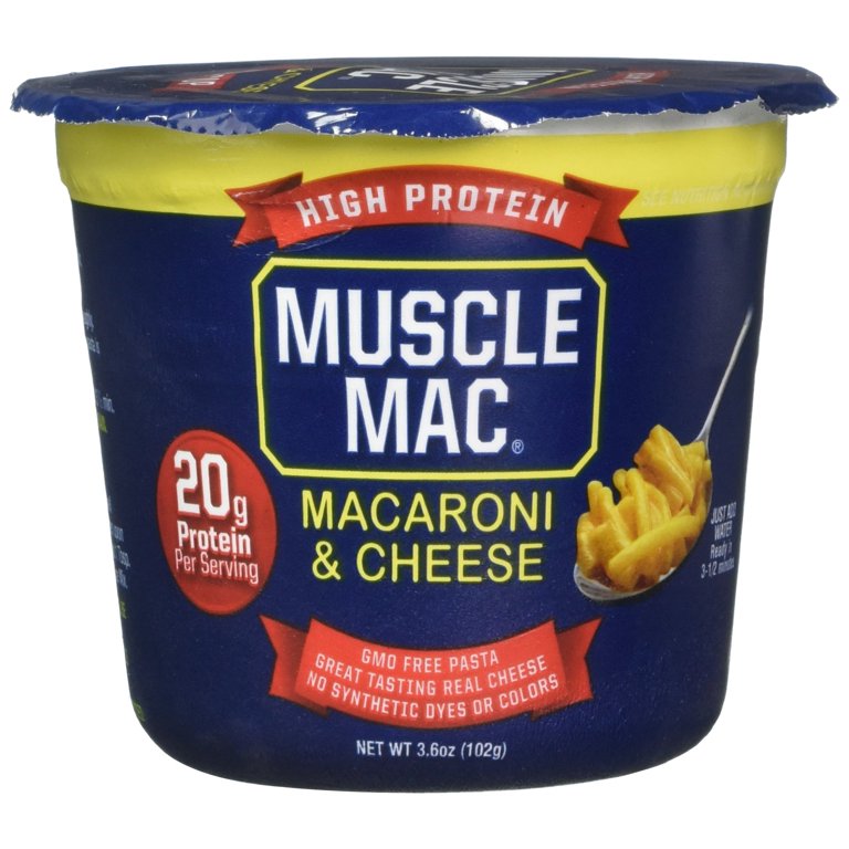 Muscle Mac Microwave Cup, Cheddar 3.6 oz, featuring GMO-free pasta and real cheese, offering high protein and quick preparation for fitness enthusiasts.