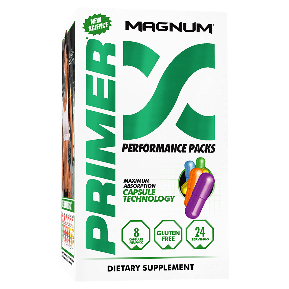 Magnum Primer 24 Pack capsules, designed for optimal absorption and performance, featured alongside their encapsulated form for enhanced training benefits.