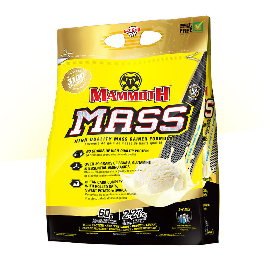 Mammoth Mass 5lb protein powder in yellow packaging, designed for muscle building with high-quality protein and clean carbs, ideal for fitness enthusiasts.
