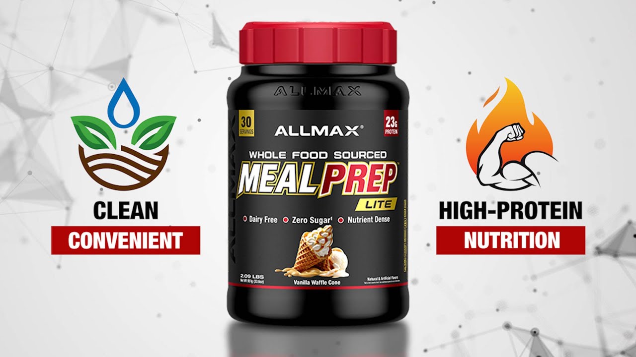 ALLMAX Meal Prep Lite, Vanilla Waffle Cone flavor, high-protein meal-replacement powder, dairy-free, zero-sugar, nutrient-dense, with superfoods and essential fats, 2.09 lb tub.
