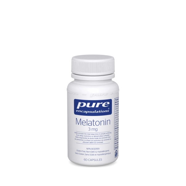 Pure Encapsulation Melatonin 3mg 60cap bottle, featuring blue text and label, supports sleep regulation with high-quality, science-backed vegan ingredients.