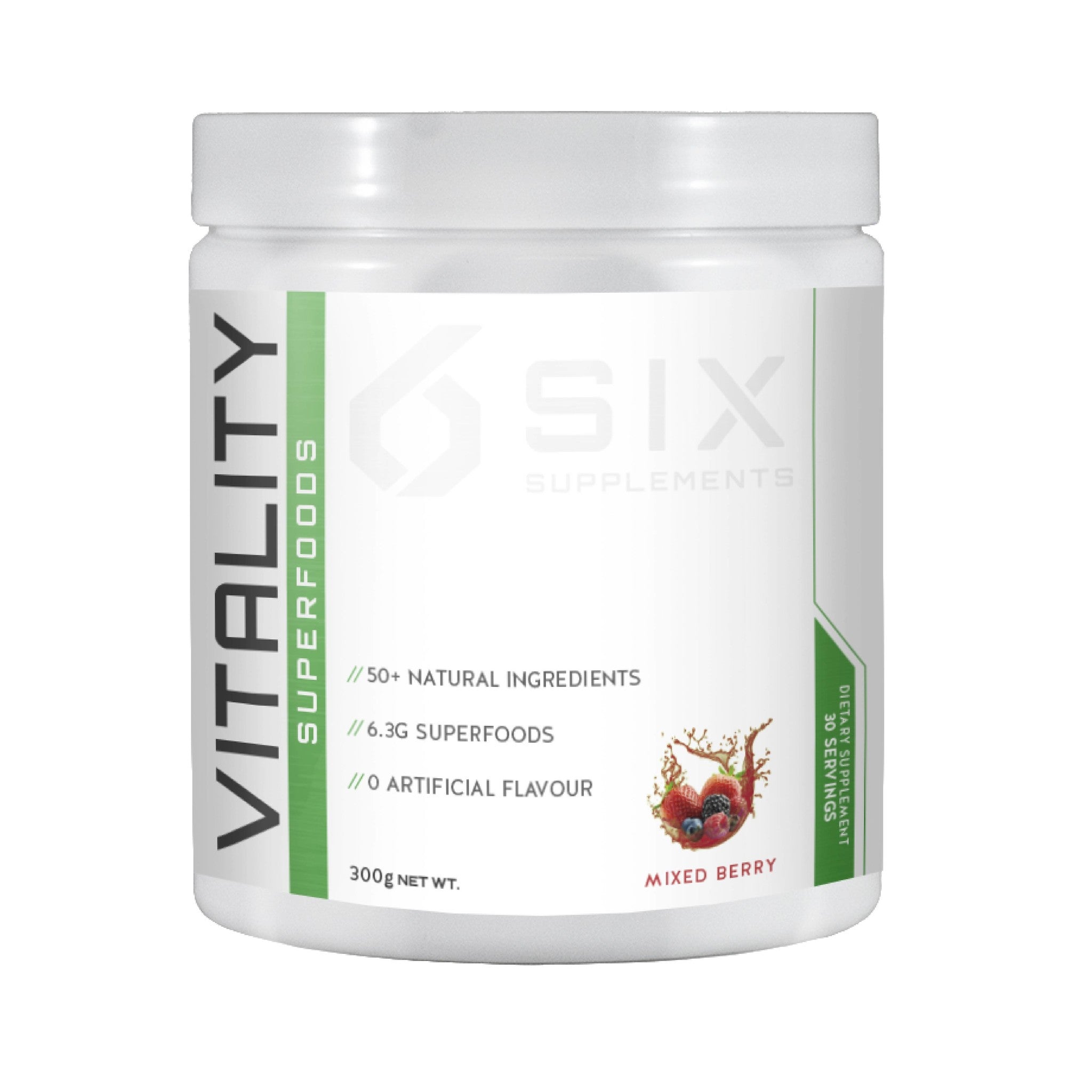 SIX Vitality Superfoods 30 Serv container with a new label, highlighting its energy, immunity, and vitality benefits through 50+ natural ingredients and superfood blend.