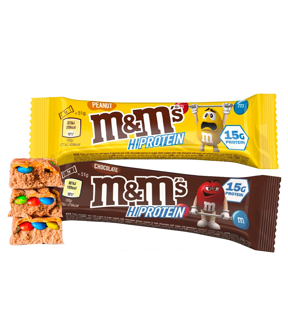 M&M Protein Bar featuring Mars caramel, milk chocolate, and mini M&M's, highlighting its high protein content as an ideal fitness snack.