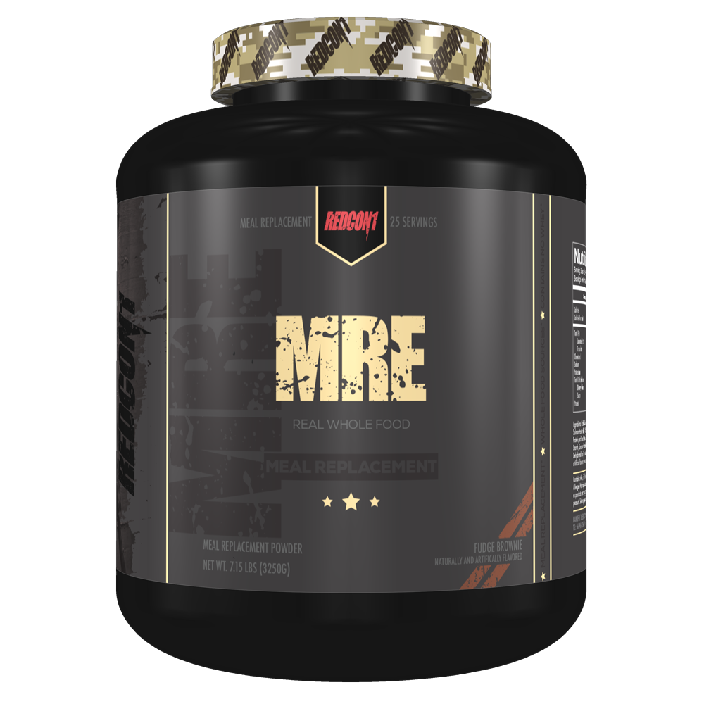 Redcon 1 MRE 7.15lb, a black jar with a white label, offers whole food-based nutrition, designed for muscle repair and recovery without whey.