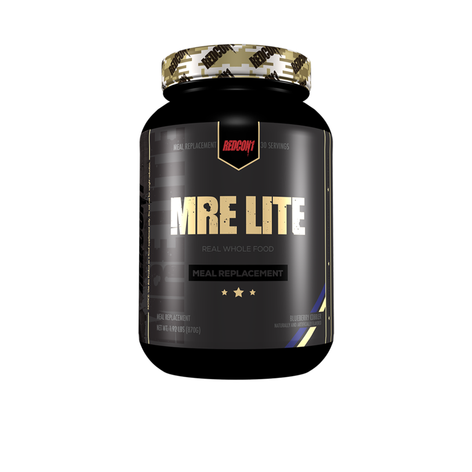 Redcon 1 MRE Lite 1.92lb black jar with white text, whole food meal replacement shake, low-calorie, high-protein supplement, ideal for fitness enthusiasts.