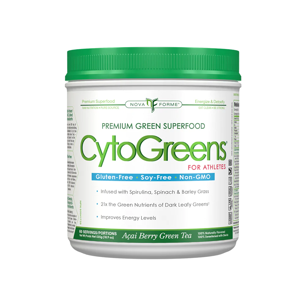 Allmax Cyto Greens 30 Serv container, featuring a green label, offers nutrient-rich, green superfoods designed for enhanced recovery and performance.