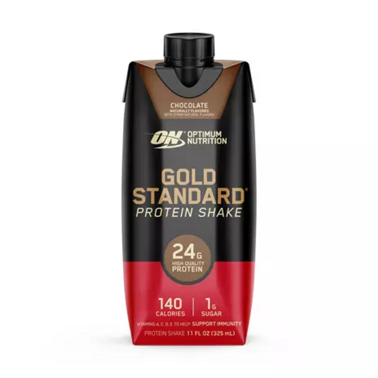 Gold Standard Protein RTD chocolate shake, 11 fl oz carton, featuring 24g protein, 140 calories, 1g sugar, plus vitamins A, C, D, E for immunity support.