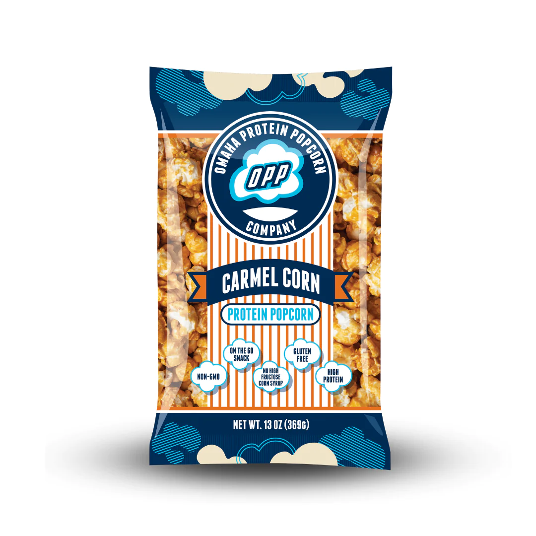 Omaha Protein Popcorn MINI, 13 oz bag, Carmel Corn flavor, high-protein, gluten-free, non-GMO snack, ideal for on-the-go fitness enthusiasts from Sector 6 Supplements.