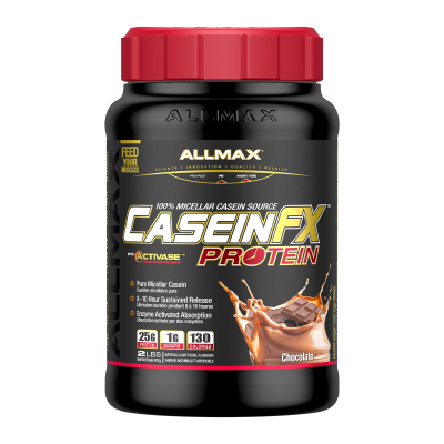 Allmax Casein FX 2lb container with red lid, featuring enzyme-activated protein absorption for slow-release nighttime supplementation, enhancing muscle growth with high-quality micellar casein.