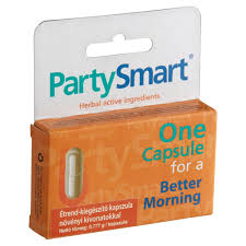 PartySmart herbal supplement package, supports liver health by reducing acetaldehyde build-up, enhancing recovery after alcohol consumption. Proven effective in clinical trials.