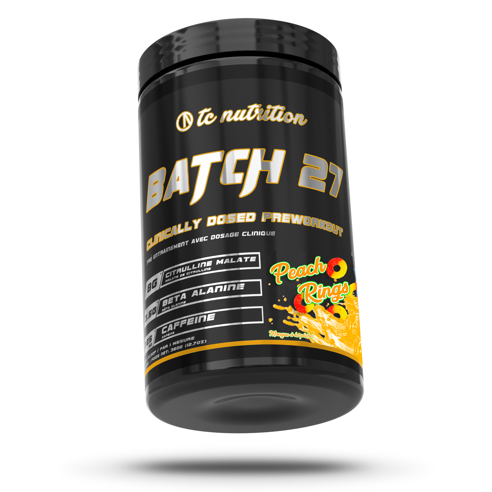 TC Nutrition Batch 27 preworkout supplement in a black cylindrical container with yellow text, designed for energy, muscle pumps, and enhanced endurance.