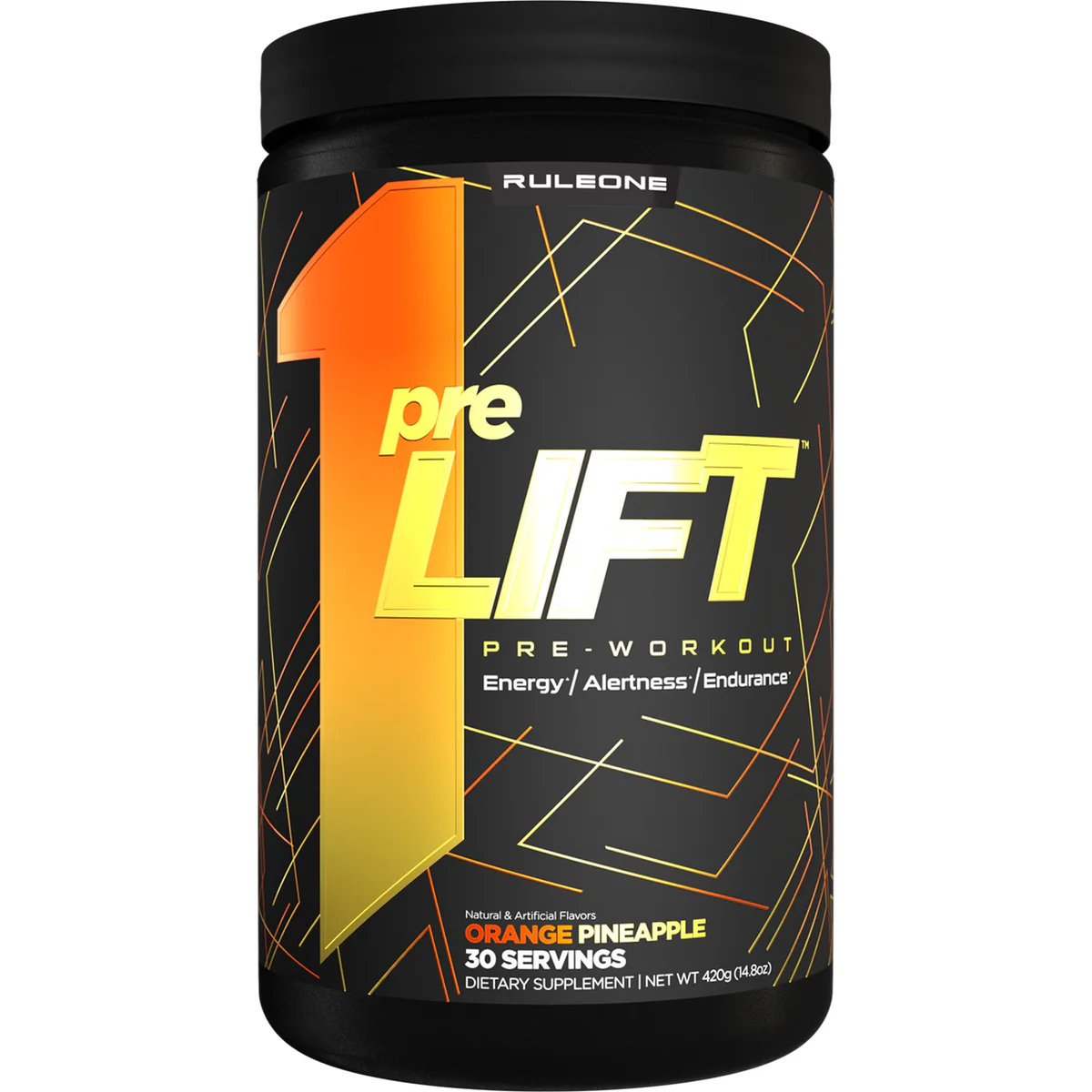 Rule 1 PreLIFT™ 30 Serving pre-workout can, featuring bold branding, promotes enhanced focus, endurance, and hydration for training challenges.