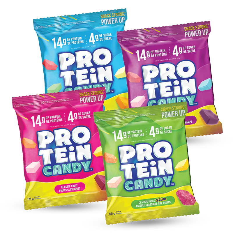 Protein Candy 55g Bag featuring chewy candies in Cherry, Strawberry, Orange, and Lemon flavors, offering low sugar, high protein treats for guilt-free snacking.