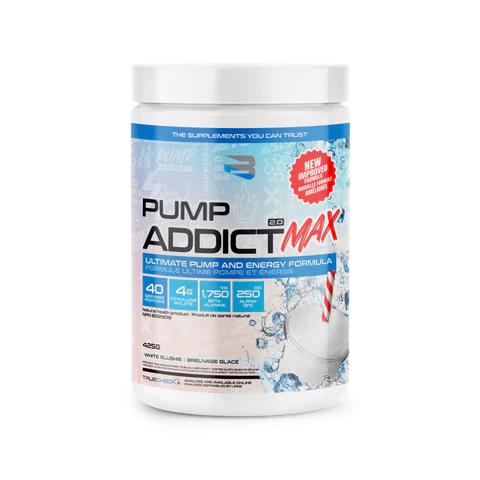 Believe Pump Addict MAX in a white container with blue label, designed to enhance energy, muscle pumps, focus, and recovery for superior pre-workout performance.