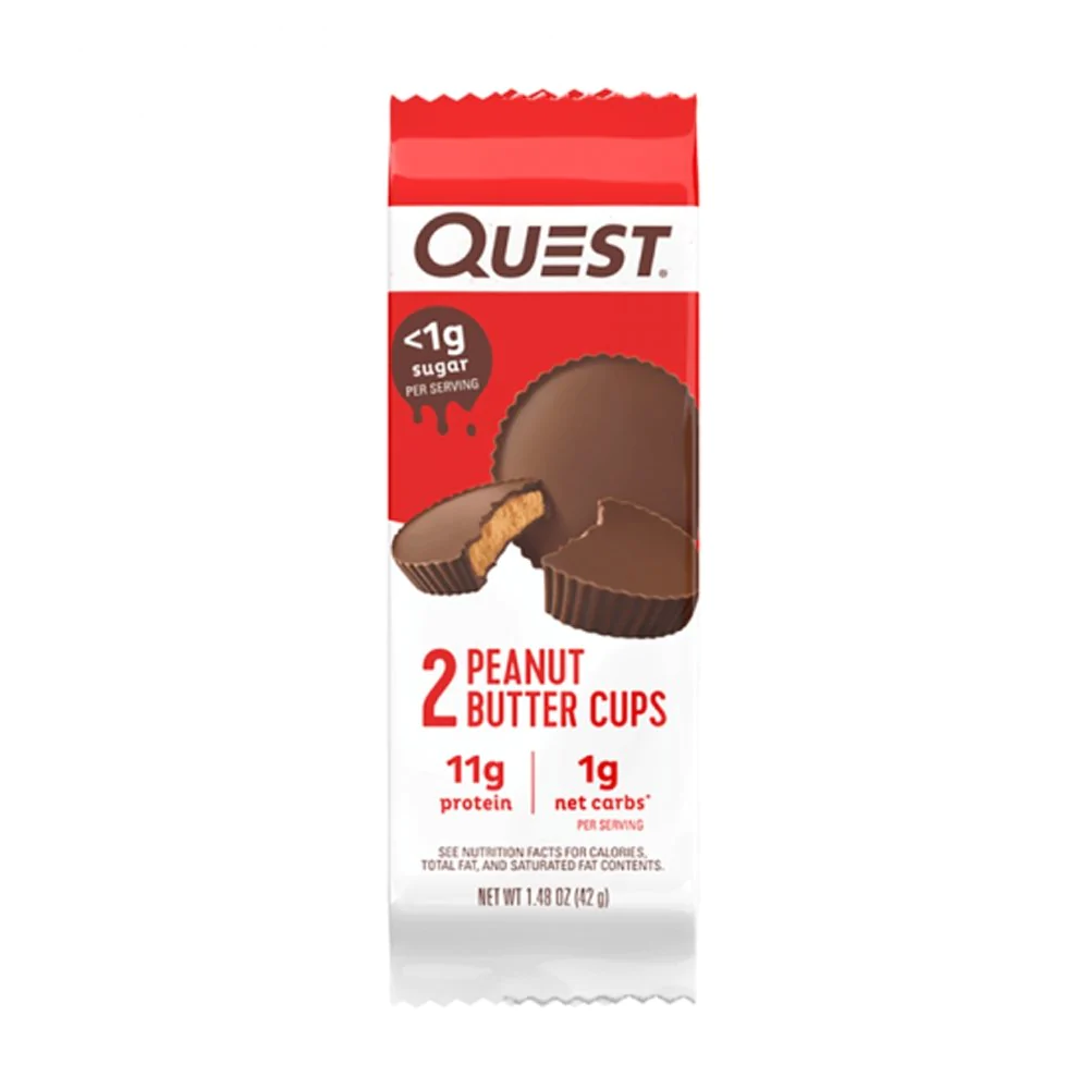 Quest Peanut Butter Cups package featuring high-protein, low-carb chocolate treats with a bitten cup, ideal for fitness enthusiasts seeking a healthy, indulgent snack.