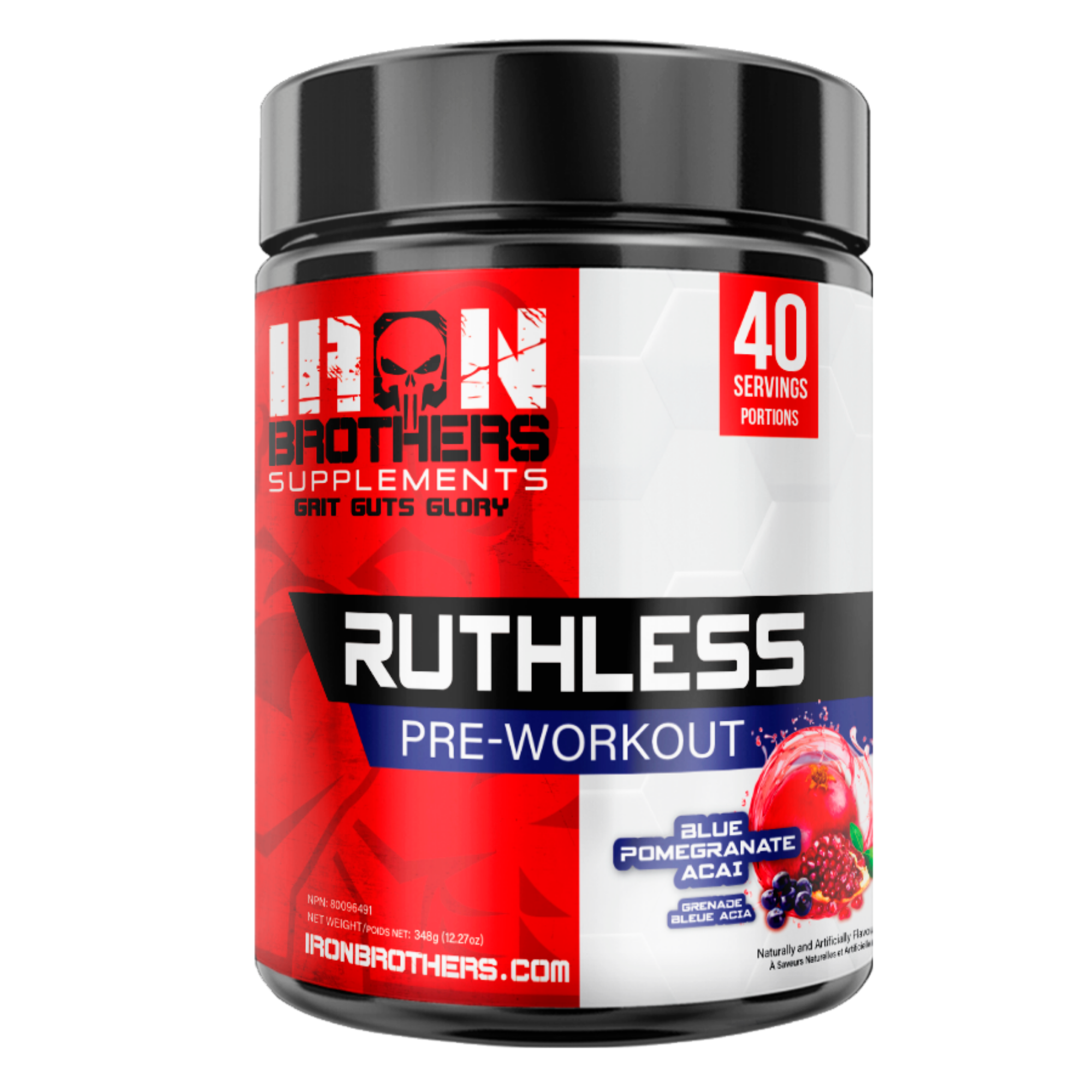 Iron Brothers Ruthless Pre Workout in a black container with a red label, designed to enhance energy and recovery for athletes and fitness enthusiasts.