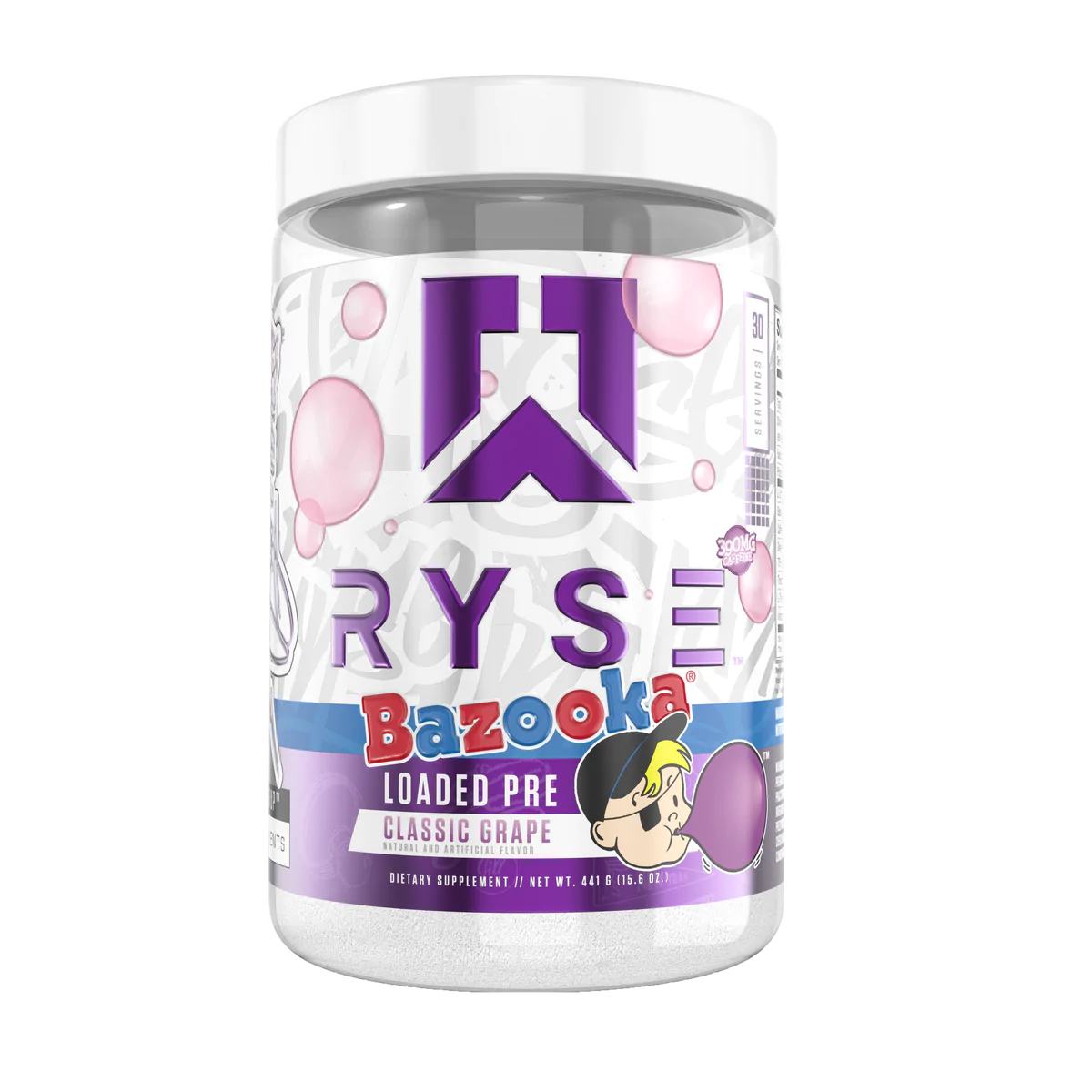 Ryse Loaded Pre Workout 30 Serv container displayed with a white lid, featuring bold typography, promoting enhanced energy, strength, and focus for fitness enthusiasts.