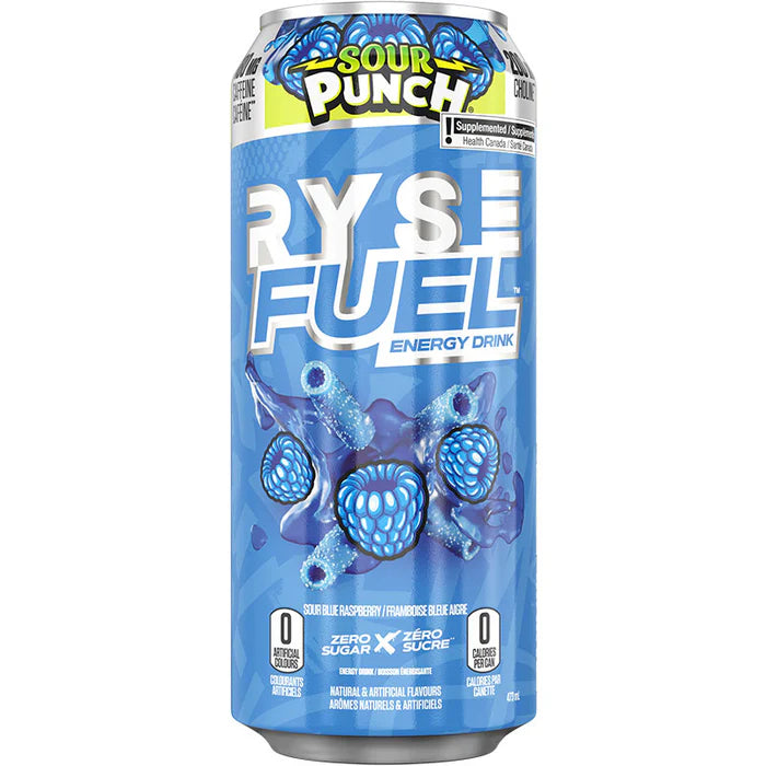 Ryse Energy Drink, a blue aluminum can providing all-day energy with 180mg natural caffeine and focus-enhancing ingredients, perfect for fitness enthusiasts.