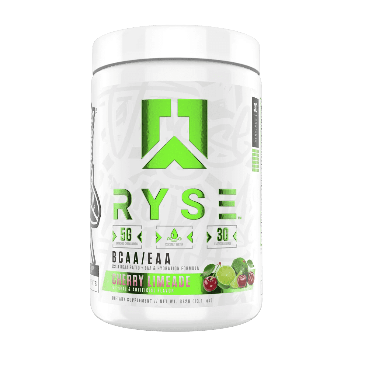 RYSE BCAA/EAA formula container with green label, featuring a logo and imagery of lime and cherry, designed to enhance hydration and workout recovery.
