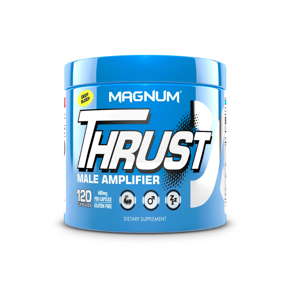 Magnum Thrust 120 Cap bottle, designed to enhance testosterone levels and improve recovery, displayed in a blue container with white text.