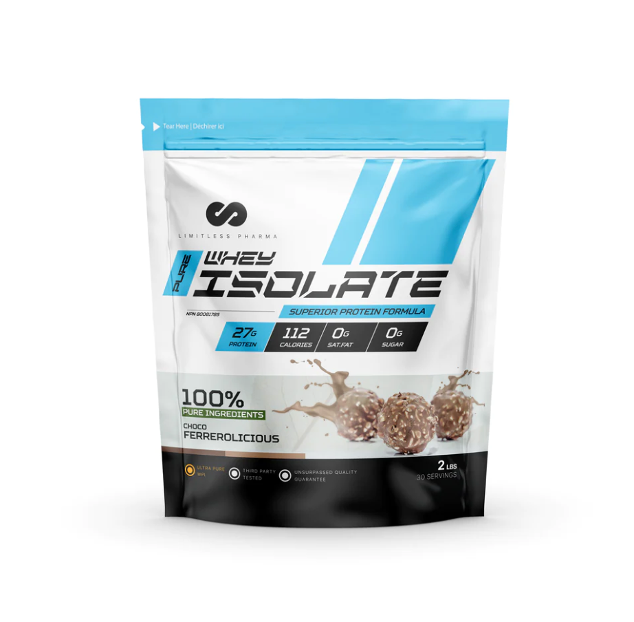 Limitless Pharma Isolate 2lb protein powder package featuring a chocolate flavor, designed for athletes and fitness enthusiasts to enhance muscle recovery and performance.