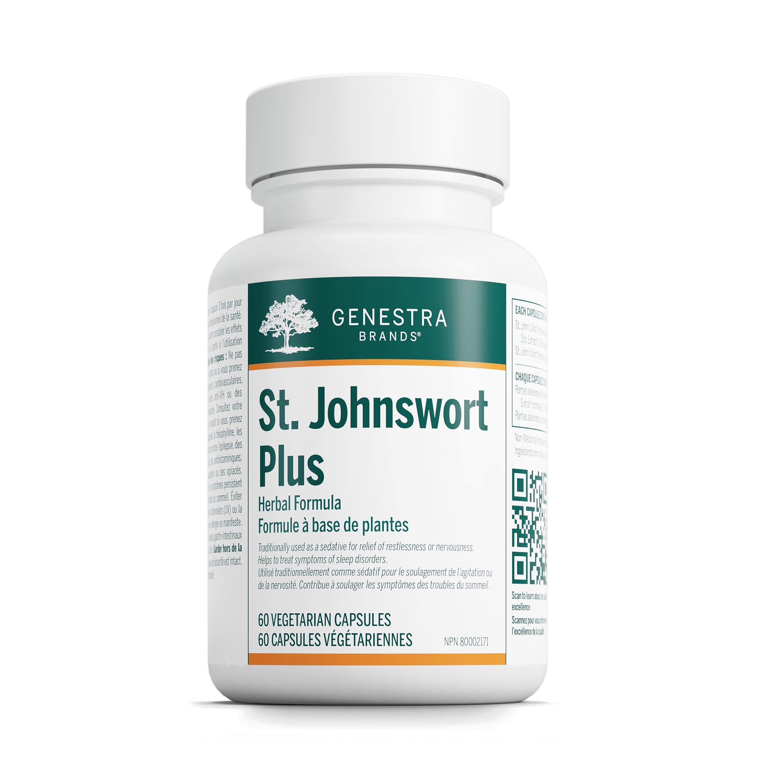 Genestra St. Johnswort Plus bottle with a green label, featuring standardized St. John's Wort extract capsules, used for restlessness relief in Herbal Medicine.