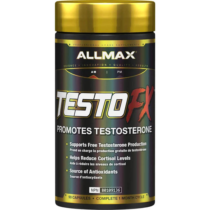 Allmax TESTOFX LOADED supplement in a black bottle with a gold lid, emphasizing its 5-Stage Testosterone Amplifier formula for fitness enhancement.