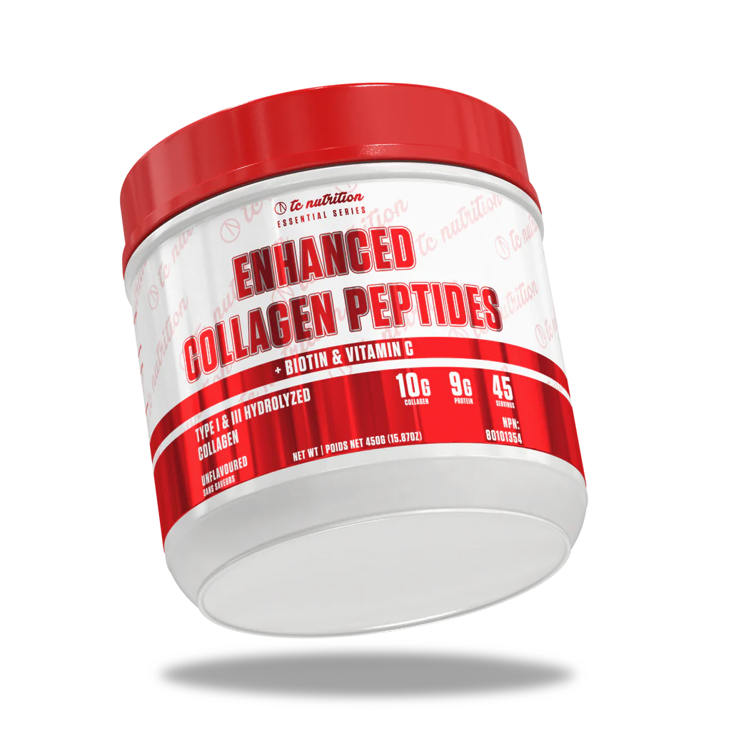 TC Nutrition Enhanced Collagen Peptides container with a red lid, promoting benefits for hair, skin, nails, recovery, and joint health. Suitable for mixing into beverages.