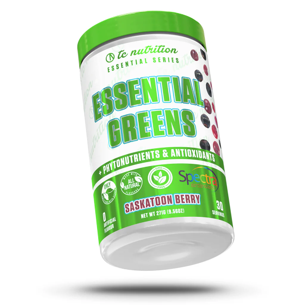 TC Nutrition Essential Greens 30 Serv container with a label, promoting antioxidant activity, digestive support, and superfoods; sweetened with Stevia, organic, non-GMO, vegan-friendly.