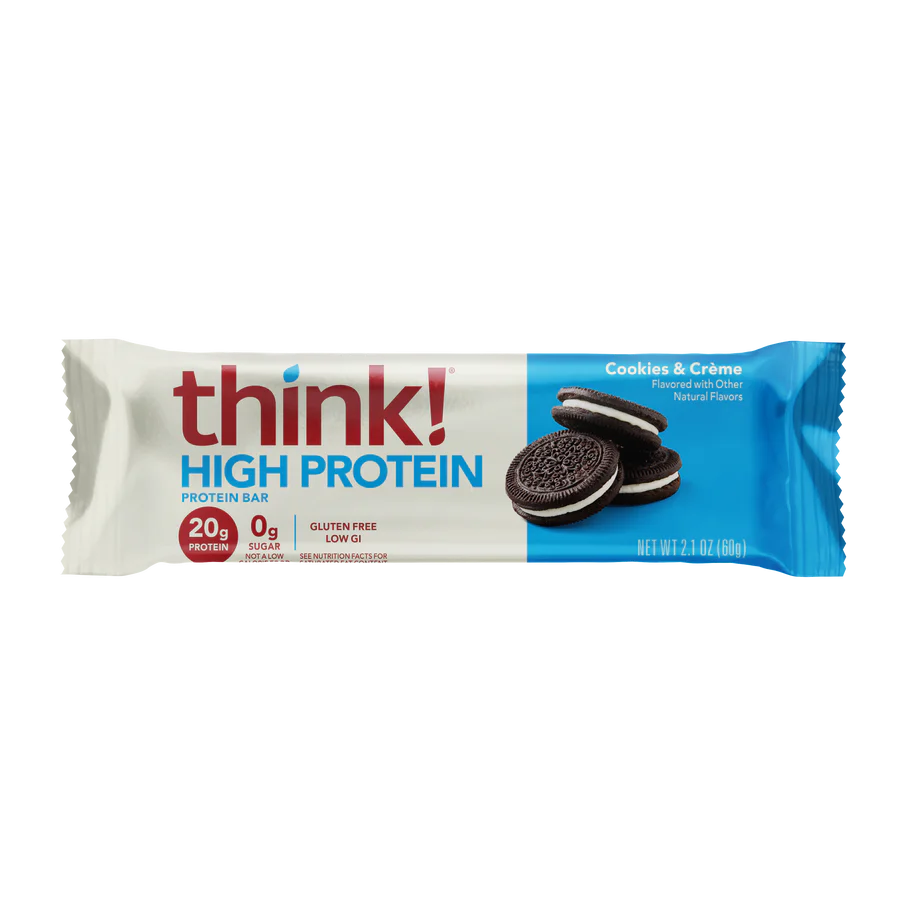 Think! Protein Bars package close-up, featuring chocolate cookies with white filling, highlighting its keto-friendly, low-carb, high-protein attributes.