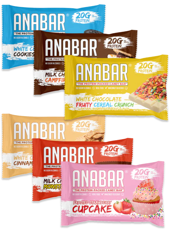 Anabar Whole Food Performance Bar, featuring a cookie-like texture and 21g protein, among various colorful snack packages. Ideal for dessert-like snacks or meal replacements.