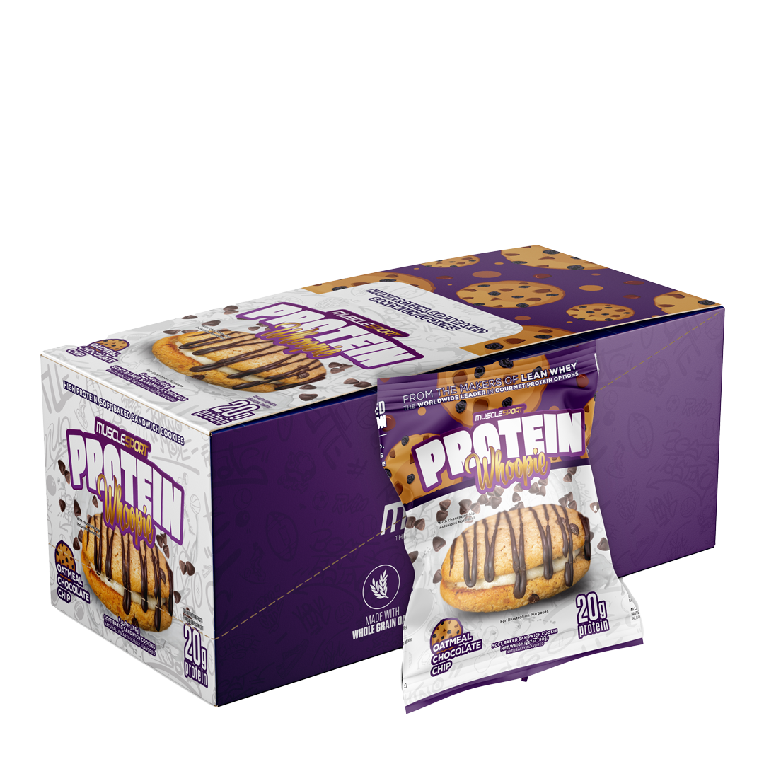 MuscleSport Protein Whoopies retail box and pouch, showcasing Oatmeal Chocolate Chip flavor with 20g protein, ideal for fitness enthusiasts seeking nutritious, high-protein snacks.