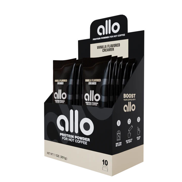 Allo Protein Coffee Creamer Single Pouch displayed in black packaging with white text, part of Sector 6 Supplements' premium fitness line.