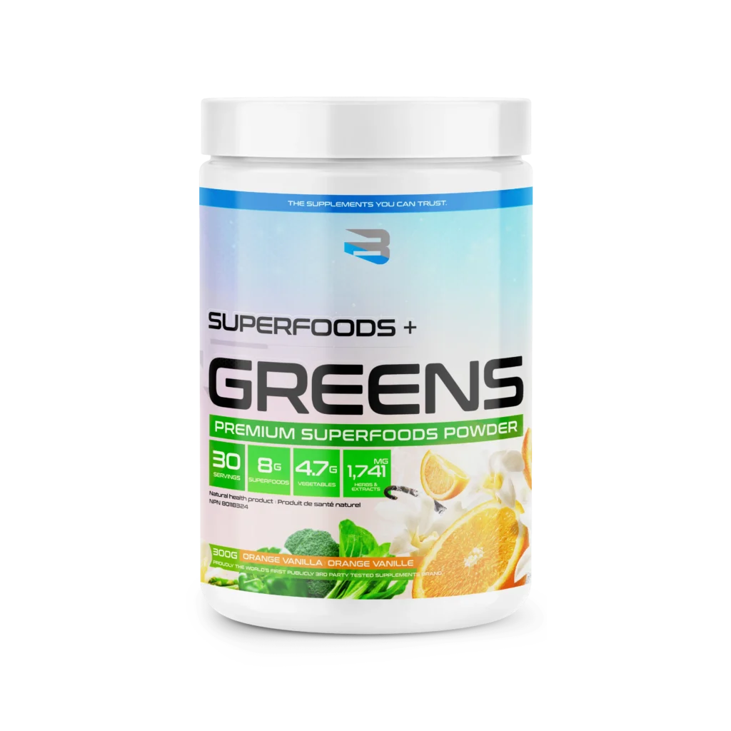 Believe Superfoods + Greens - 30 Servings: A white canister of orange-vanilla flavored supplement powder, highlighting 30 servings, superfoods, vegetables, herbs, and extracts for enhanced health and energy.