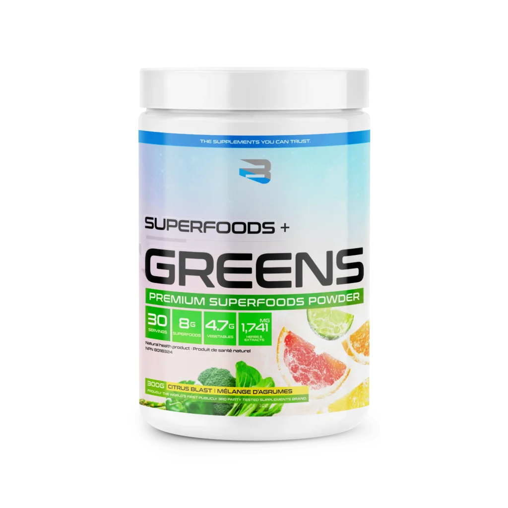 Believe Superfoods + Greens - 30 Servings, Citrus Blast flavor, premium superfoods powder. Enhances immunity, energy, and health with organic ingredients and 8g superfoods blend per serving.