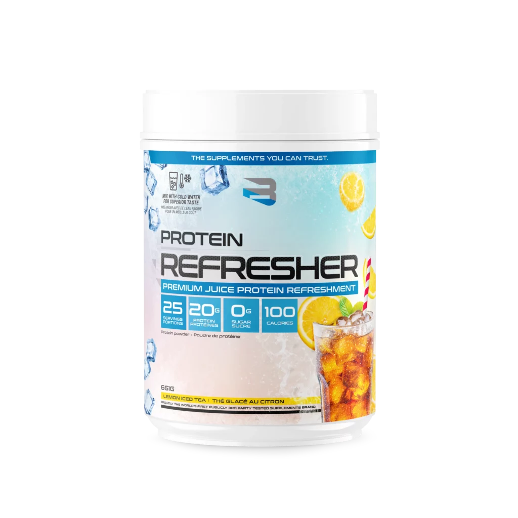 Believe Protein Refresher: A white container labeled with a drink image, accompanied by iced tea and lemon, offering a refreshing protein boost with essential amino acids.