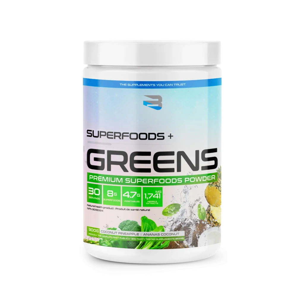 Believe Superfoods + Greens - 30 Servings canister with coconut, pineapple, and greens graphics; features immune-boosting superfoods, enzymes, and antioxidants for improved health and energy.