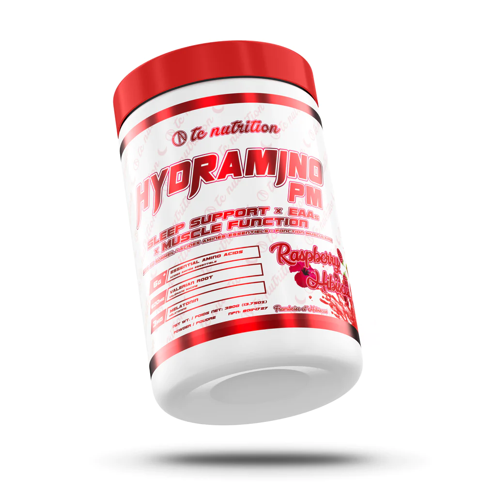 TC Nutrition Hydramino PM supplement container with red label, featuring sleep aid and muscle recovery benefits, designed for enhanced relaxation and exercise performance.