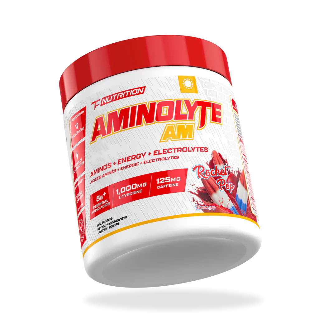 TC Nutrition Aminolyte AM tub features a Rocket Pop flavor, offering essential amino acids, caffeine, and electrolytes to boost energy and support muscle recovery.