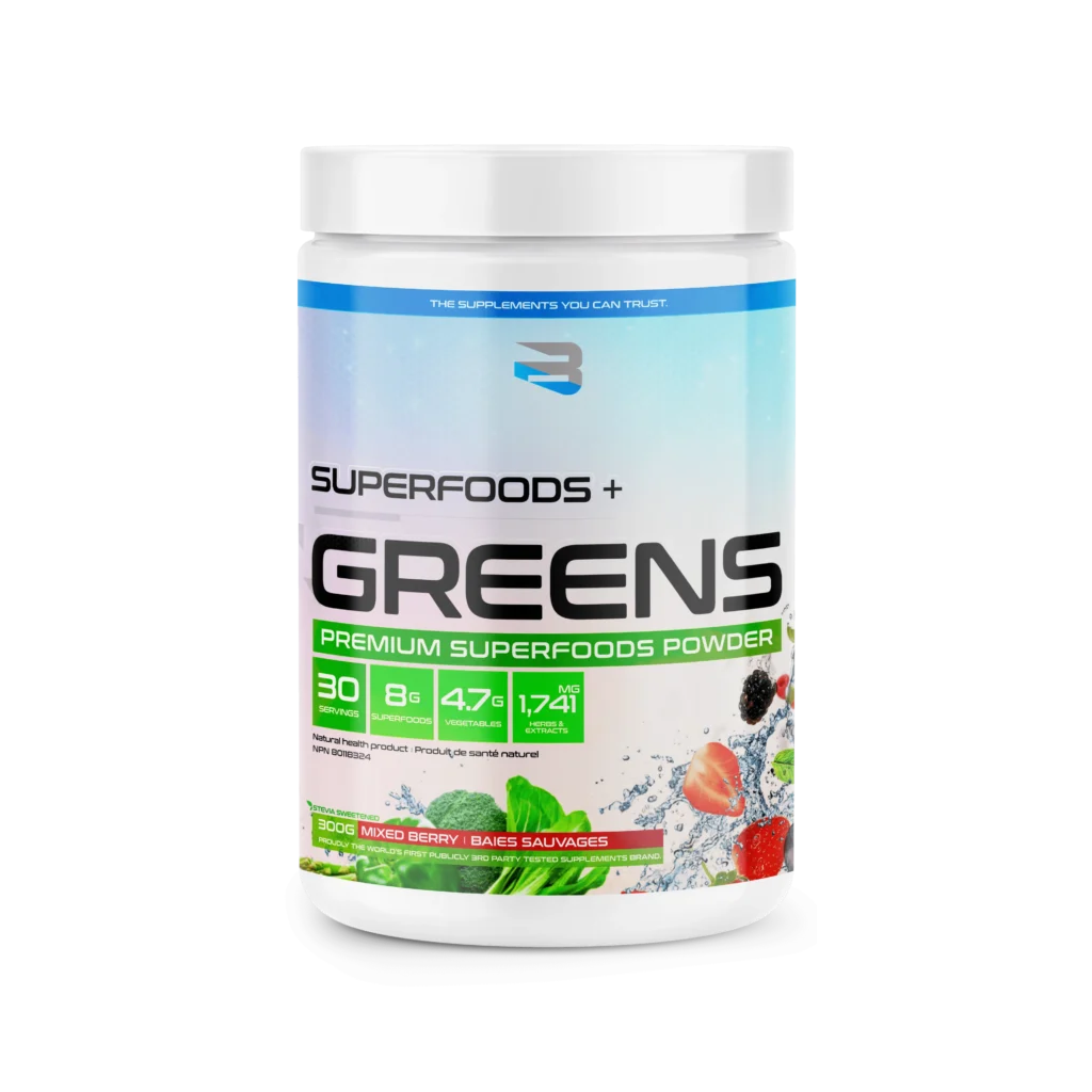 Believe Superfoods + Greens - 30 Servings tub with mixed berry flavor, featuring superfoods, vegetables, and herbs, depicted with berries and leafy greens on the label.