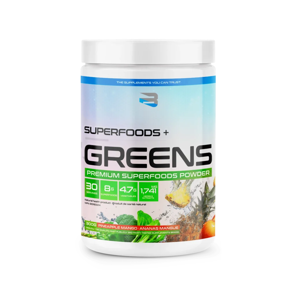 Believe Superfoods + Greens - 30 Servings canister, pineapple-mango flavor, highlighting immune support, diverse nutrients, and vibrant artwork of fruits and greens splashing through water.
