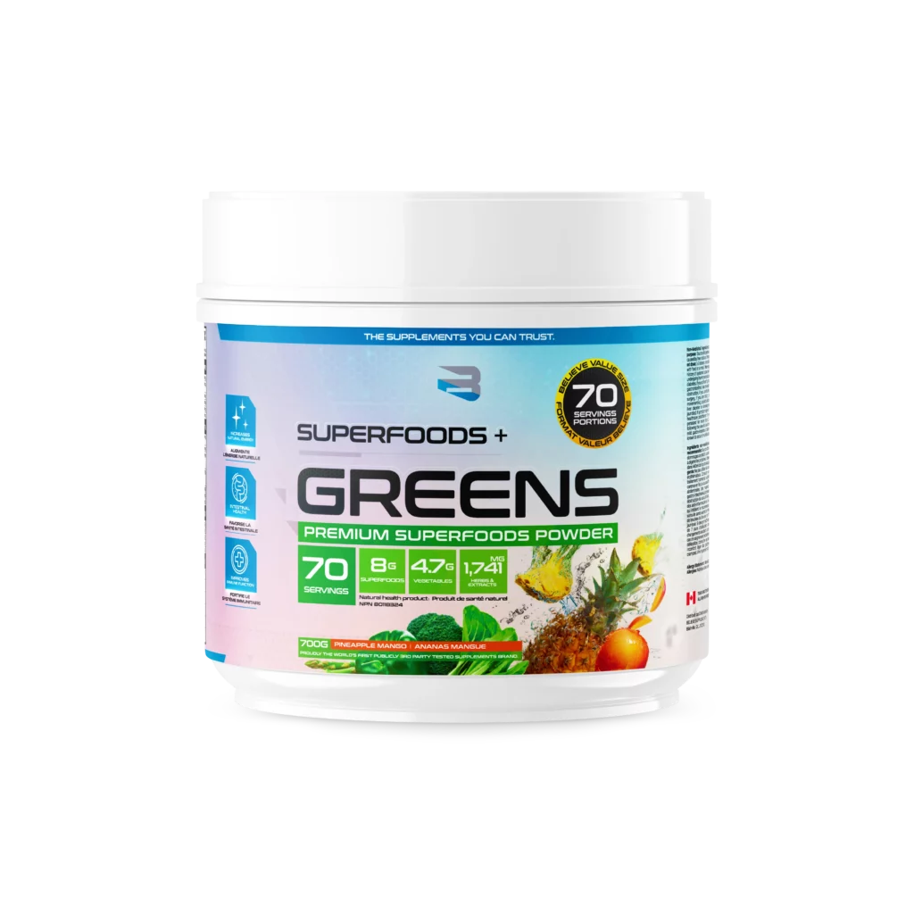 Believe Greens container with label, featuring a blend of superfoods and greens to boost immune health and energy, providing daily nutrients from organic sources.