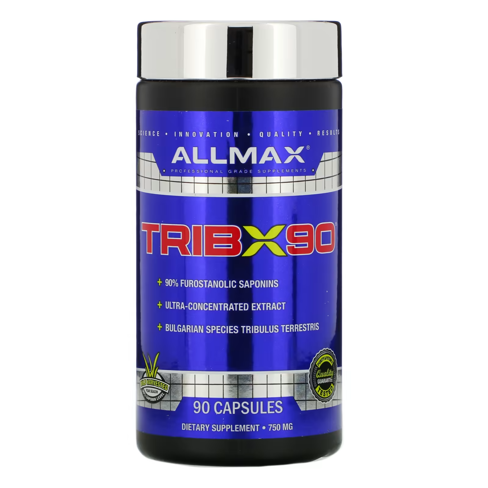 Allmax TribX 90 Cap bottle featuring 750 mg capsules with high saponin content, enhancing strength and stamina for athletes and fitness enthusiasts.
