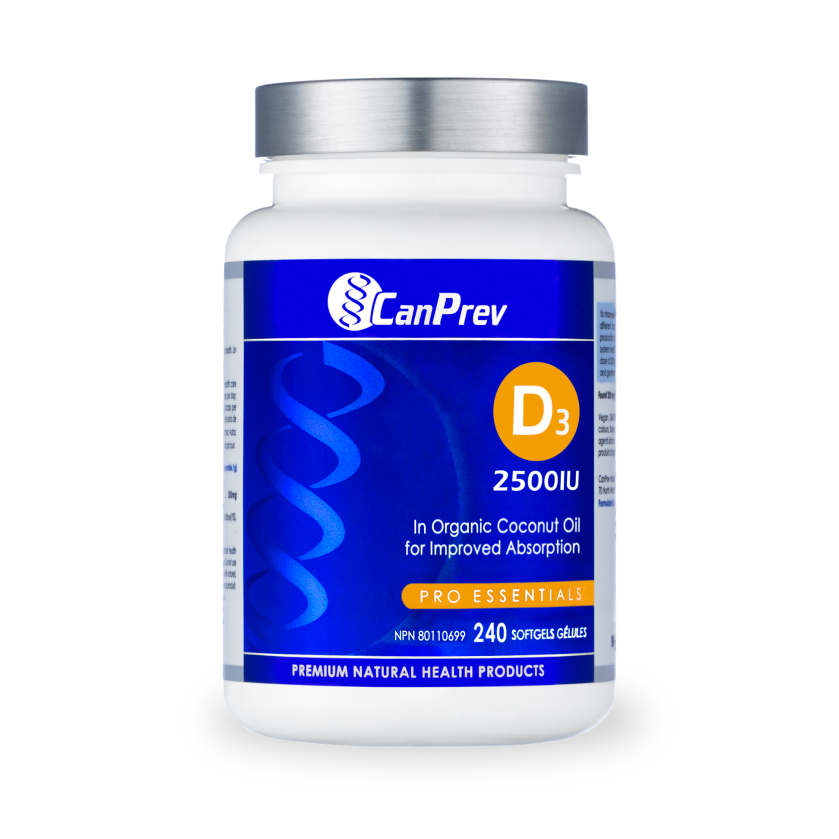 CanPrev Pro Essentials D3 240 cap bottle with blue label, designed for superior vitamin D3 absorption, enhancing bone health and immune support.