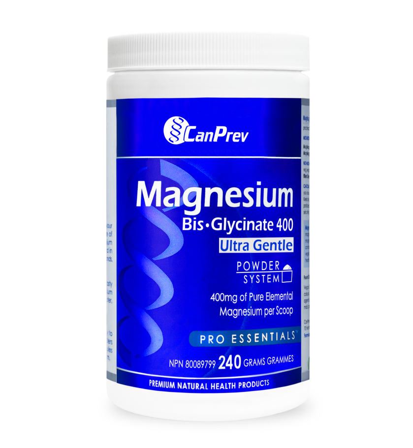 CanPrev Magnesium Bis-Glycinate Powder in a white bottle with a blue label, designed for easy absorption, ideal for fitness enthusiasts seeking a gentle magnesium supplement.