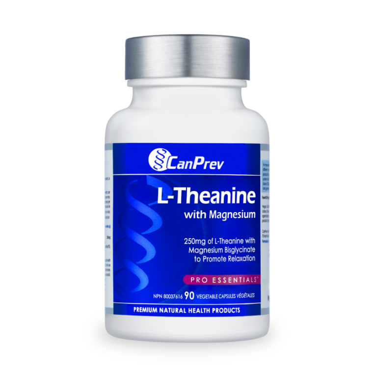 CanPrev L-Theanine with Magnesium bottle, featuring a white design with a blue label, offers stress relief and focus enhancement in 90 vegetable capsules for fitness enthusiasts.