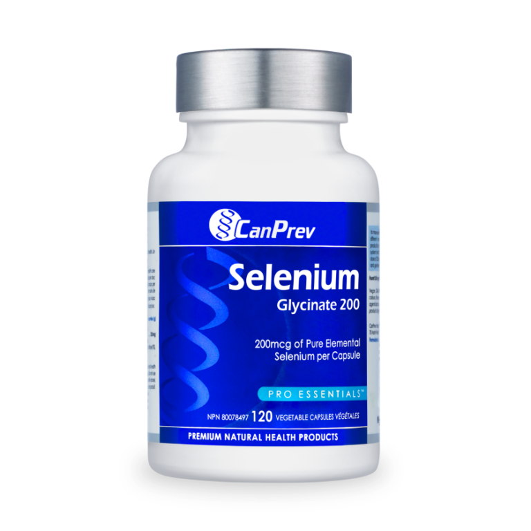 CanPrev Selenium 200, a white bottle with a blue label, supports thyroid health by assisting in converting T4 to T3, essential for fitness enthusiasts.