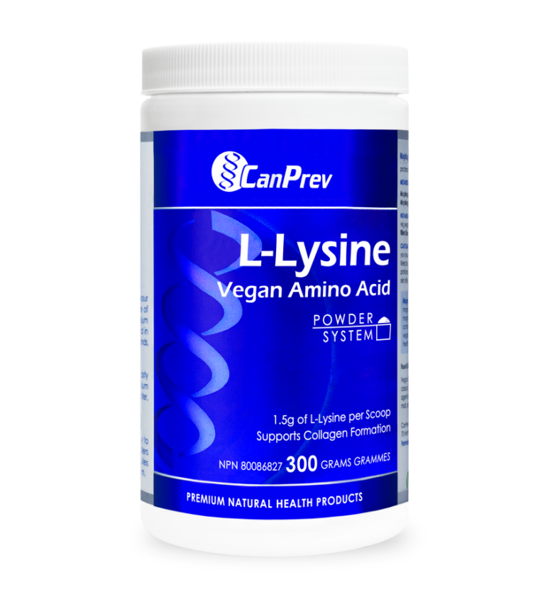 Can Prev L-Lysine Vegan Amino Acid bottle with a blue label, supporting energy production and immune health, ideal for fitness enthusiasts and athletes.