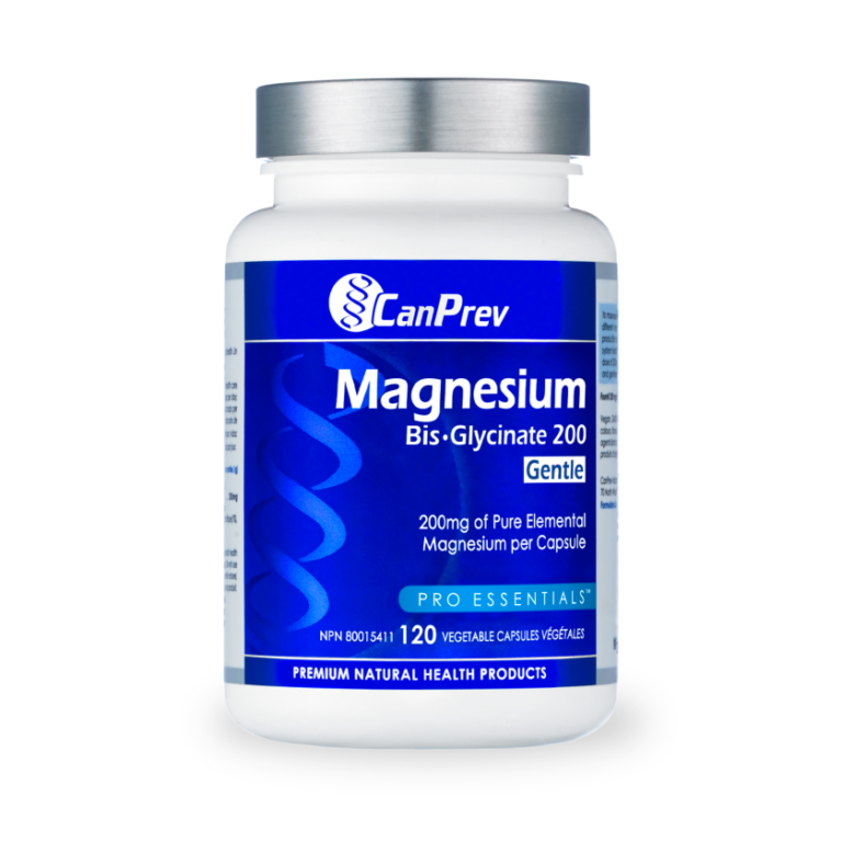 CanPrev Magnesium Bis·Glycinate 200 Gentle bottle with blue label, offering 200mg of elemental magnesium for superior absorption and gut-friendly supplementation.